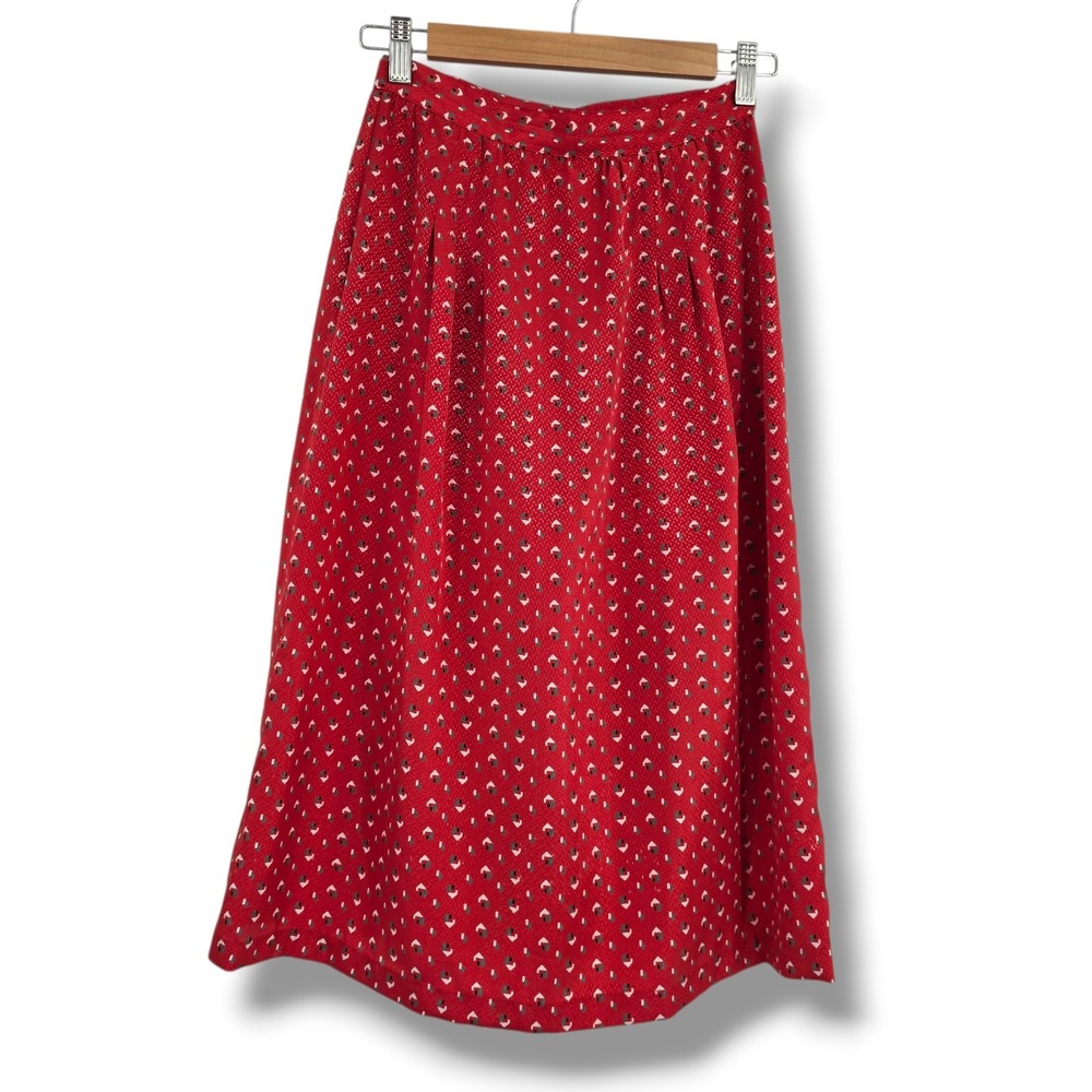 Mikal-Alan Vintage‎ Red Geometric House Print Pleated Midi Skirt Size 5